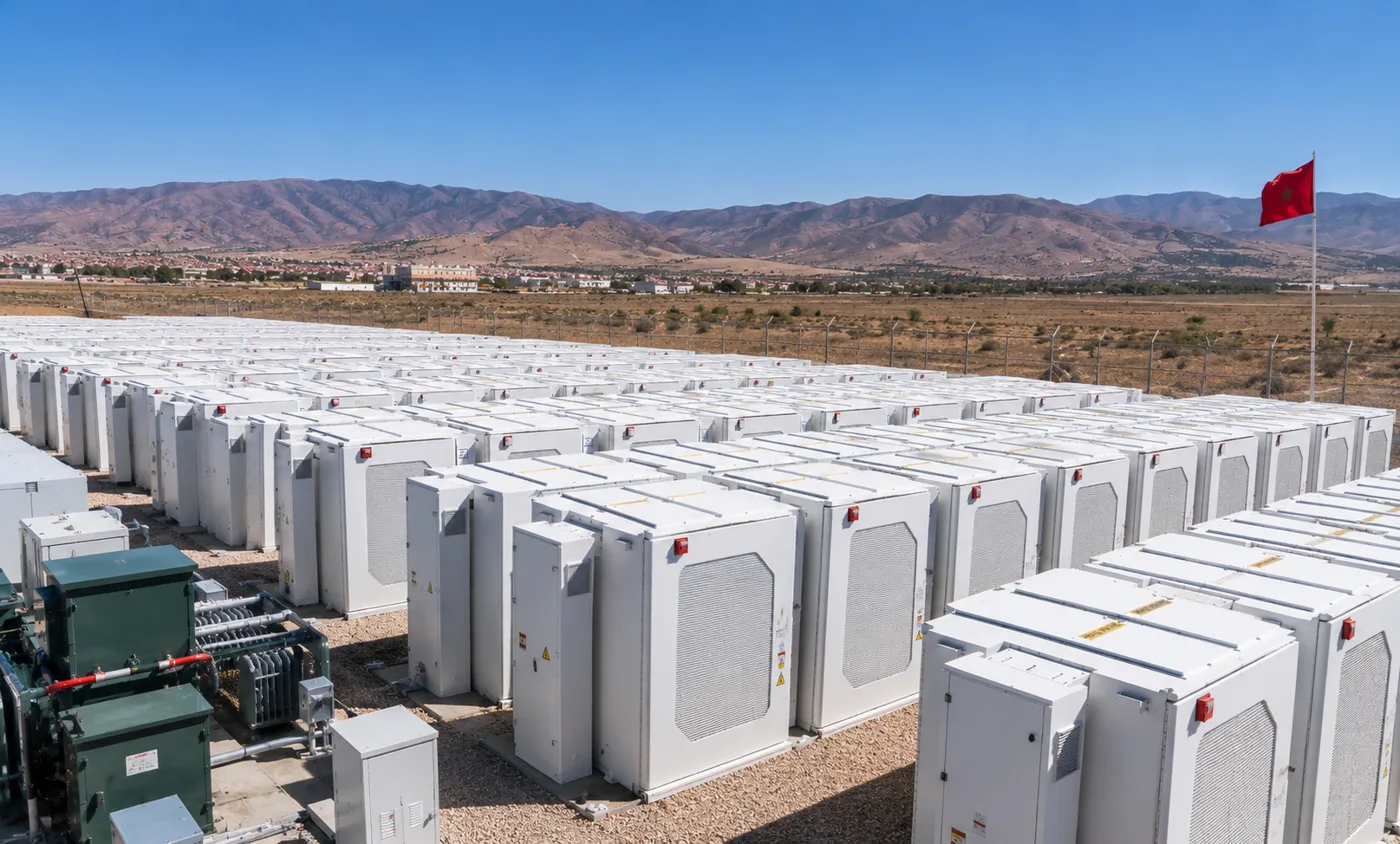 Grossflächiger Batteriespeicher-Park (BESS) von Moroccan Energy vor der marokkanischen Bergkulisse